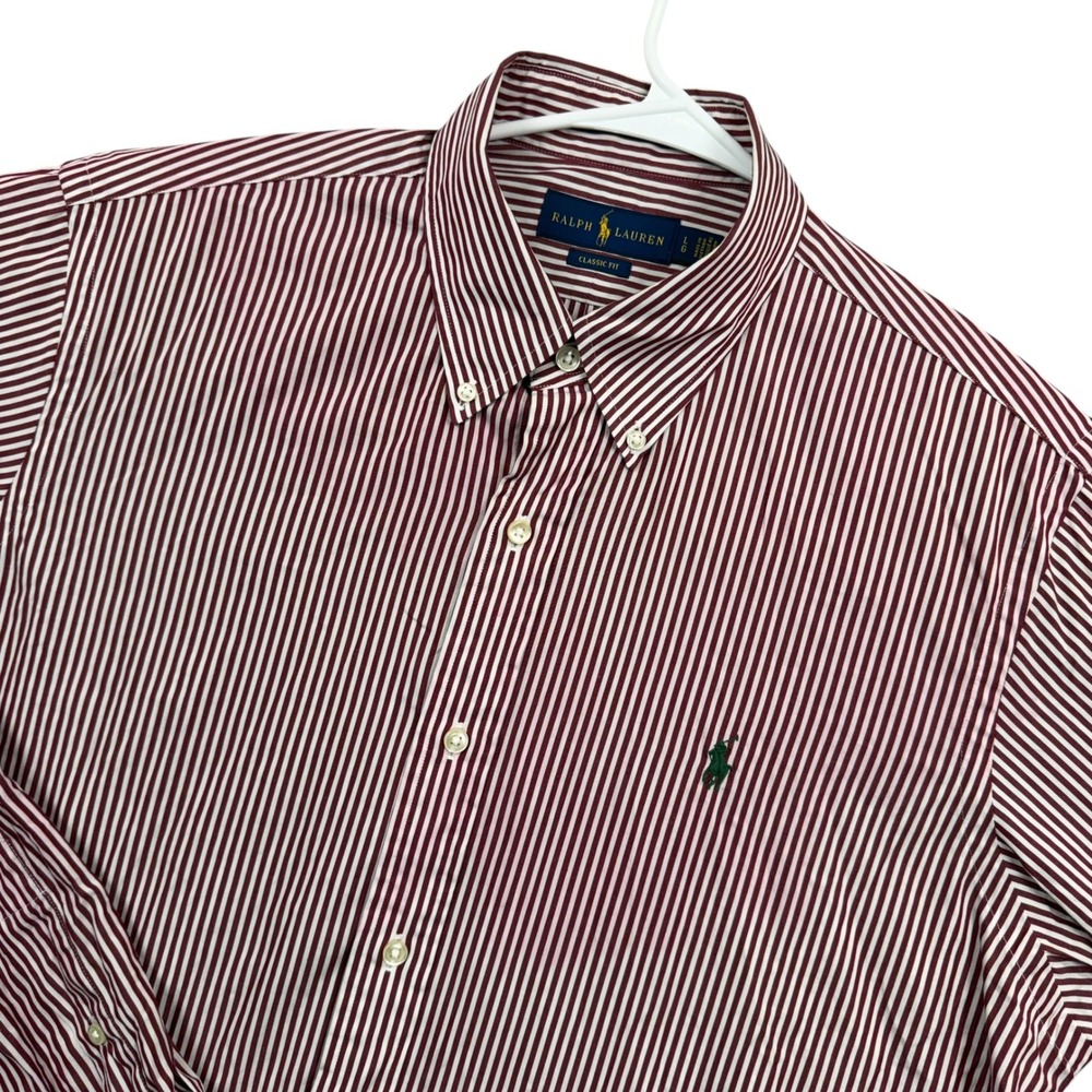 Ralph Lauren Button Down Shirt Mens L Burgundy White Stripe Classic Fit Long Slv